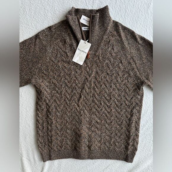 New Tommy Bahama Half‎ Zip Sweater Cable Knit Pullover Irazu Brown Men’s Medium - Picture 5 of 11